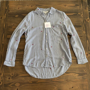 Women’s Beachlunchlounge Striped Button Down Shirt S Blue White Hearts Preppy